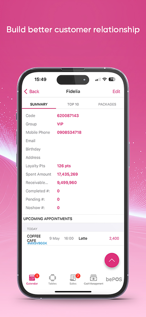 bePOS - Super Point of Sale - bePOS app interface showing a customer profile with VIP status loyalty points and upcoming appointments
