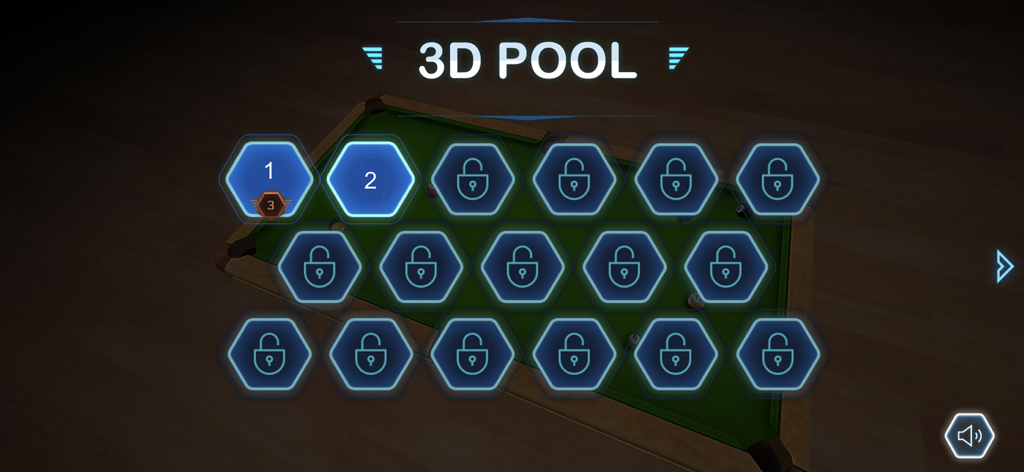 3D Pool Town - Billiards Games - プールテーブルの上にロック解除およびロックされた六角形のレベルを示す、3D Pool Townビリヤードゲームのレベル選択画面。