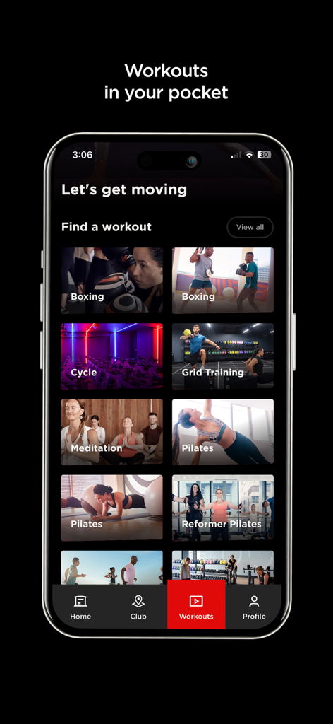 Virgin Active Australia - Interface do aplicativo Virgin Active Australia mostrando várias categorias de treino como Boxe, Pilates e Meditação.