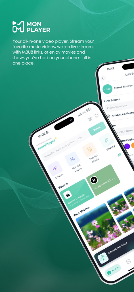 Interface utilisateur de l'application MonPlayer pour gérer les sources vidéo et les listes de lecture sur mobile