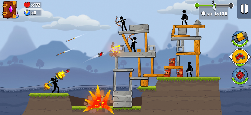 Boom Stick: Bazooka Puzzle - 붐 스틱 바주카 퍼즐에서 적 기지를 향해 바주카를 발사하는 스틱맨 캐릭터