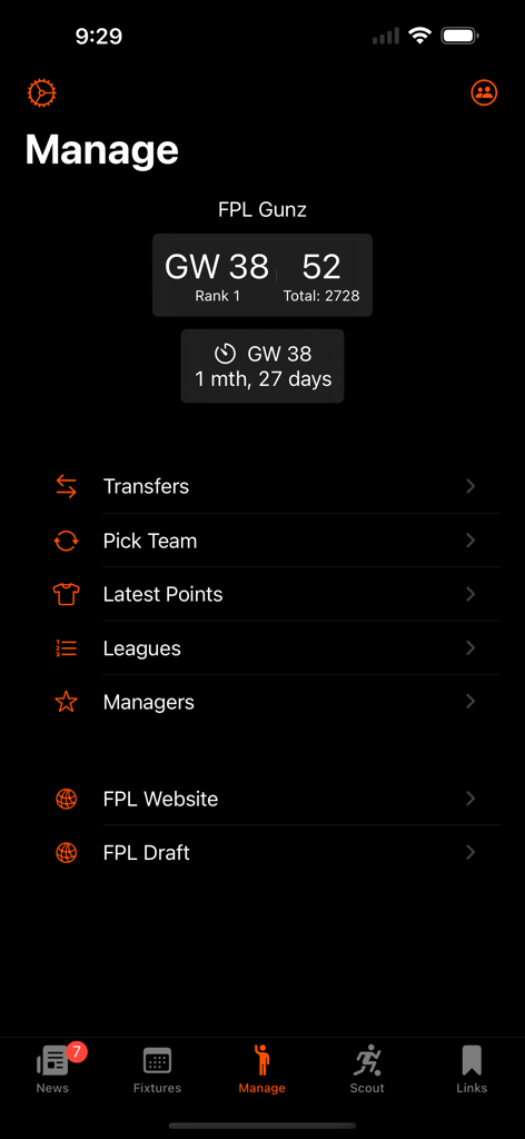FPL Fantasy Football Manager app manage screen displaying team statistics and navigation menu in dark mode.