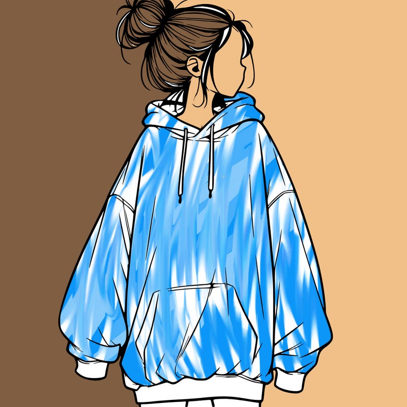 realistic girl with a oversized sweatshirt on and a bun