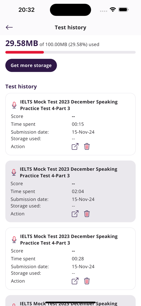 Mini IELTS - Mini IELTS app test history page showing a list of completed speaking practice tests with scores and storage usage.