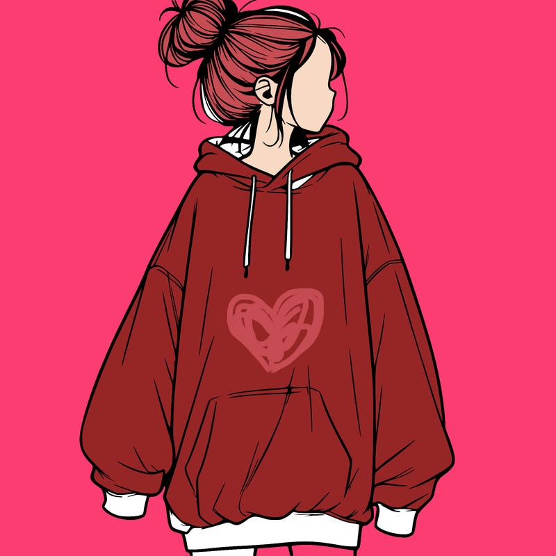 realistic girl with a oversized sweatshirt on and a bun