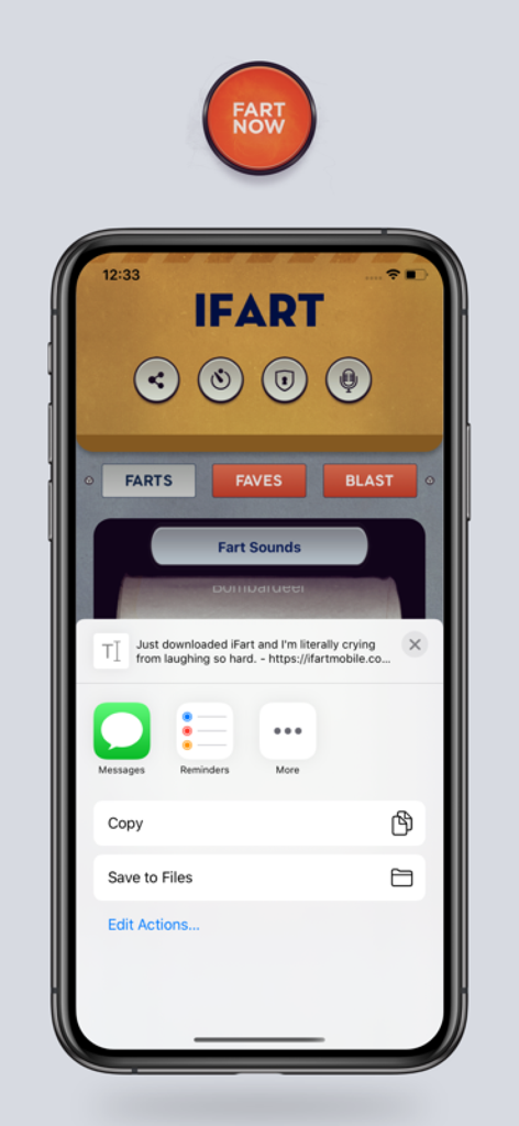 iFart - Fart Sounds App - iPhone screen displaying the iFart app interface with a share menu overlay and a humorous message