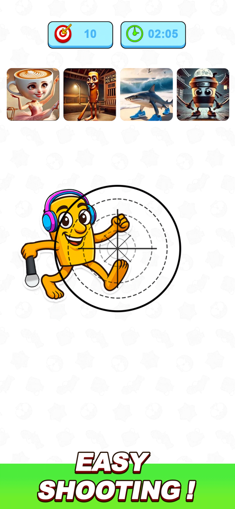 Tricky Mind Brainrot Challenge - In-game screenshot of a shooting mini game featuring meme characters and a target crosshair