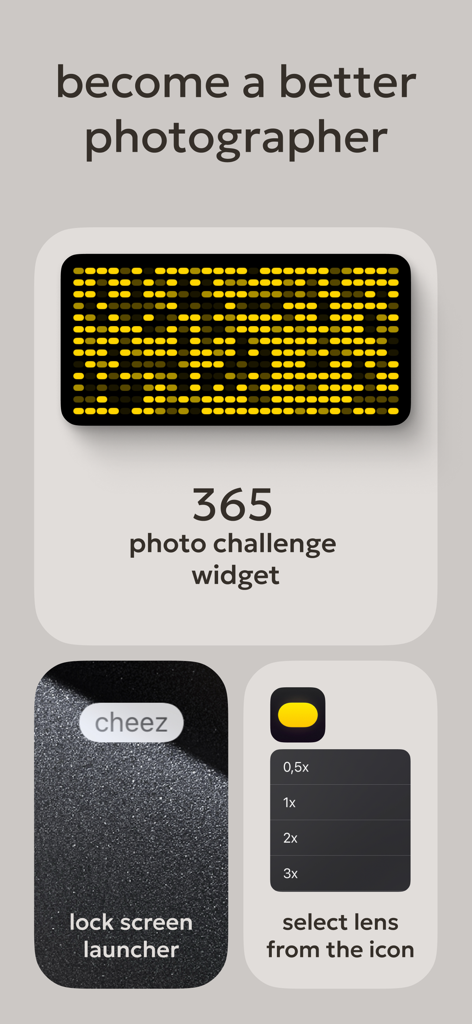 Zerocam | Anti-AI Camera - Interfaz de la aplicación Zerocam que muestra el widget de desafío fotográfico, el botón de inicio rápido de la pantalla de bloqueo y el menú de selección de lentes.