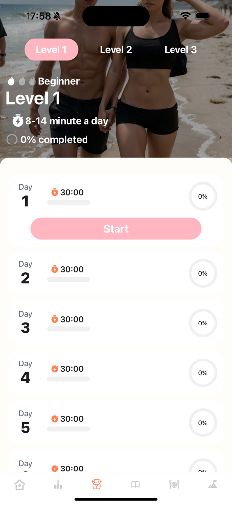 Exercise for Obesity at Home - Interface de plan d'exercices de niveau débutant montrant un programme d'exercices quotidien de 30 minutes pour une perte de poids sûre à la maison.