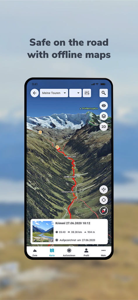 RealityMaps 3D app displaying a red hiking route on a realistic 3D mountain landscape