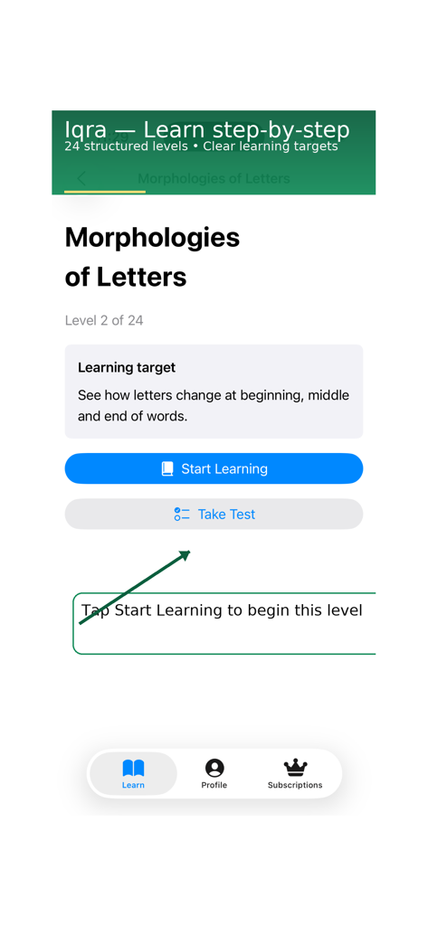 Learn Quran Reading by-Steps - Iqra app interface showing the morphologies of letters lesson and level 2 learning target