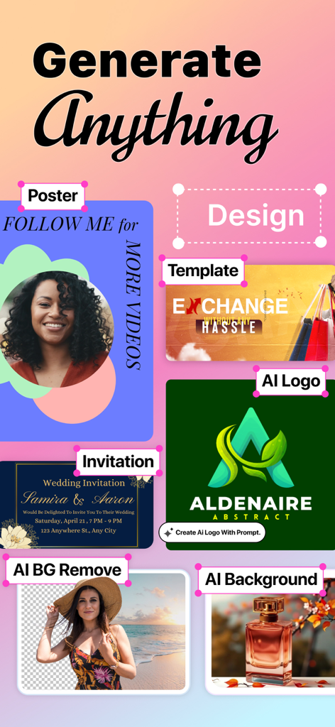 Flyer Maker - Make a Poster - Interfaz mostrando herramientas de diseño impulsadas por IA para crear pósteres, logos, invitaciones y eliminar fondos