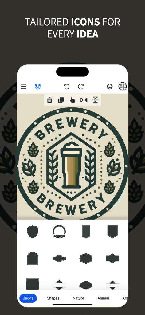 Vector Drawing & Logo Design - Interface of the Vector Drawing and Logo Design app showing a brewery logo and badge templates.