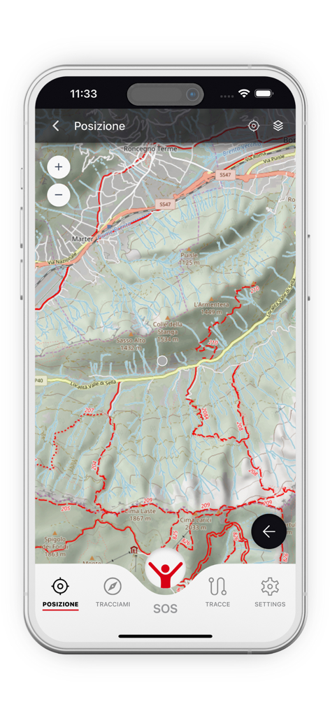 georesq - GeoResQ app interface showing a topographic mountain map with marked hiking trails and an emergency SOS button