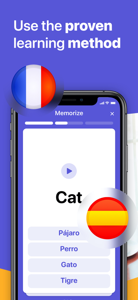 BeLingual - Language Learning - BeLingual app interface for memorizing vocabulary with multiple choice answers and country flags