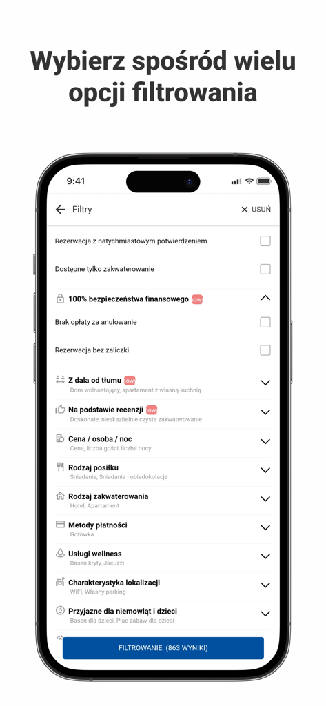 Detaillierte Suchfilter-Ansicht in der Nocowanie.pl Reise-App