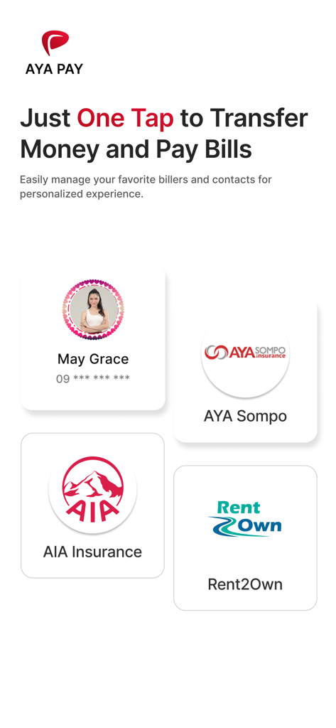 AYA PAY Wallet app screen showing one-tap options for money transfers and bill payments to favorite contacts and insurance providers.