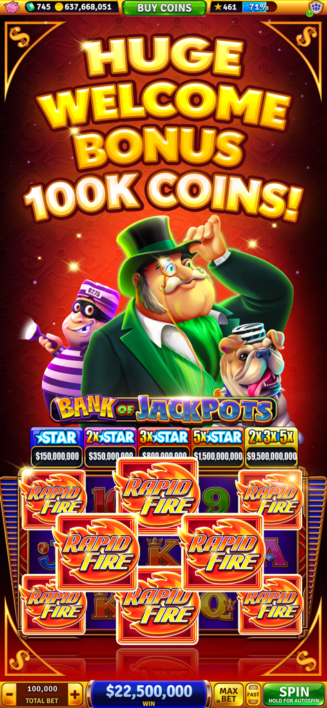 House of Fun: Casino Slots - Interfaccia dell'app di slot da casinò House of Fun che mostra un bonus di benvenuto di 100.000 monete e la slot machine Bank of Jackpots.