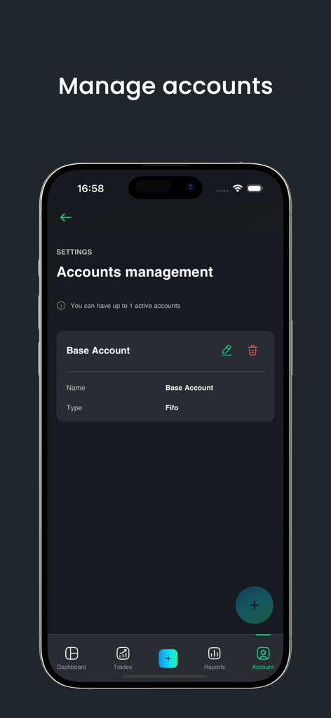 TradeReview: Trading Journal - TradeReview app interface showing the accounts management screen with a base account configured