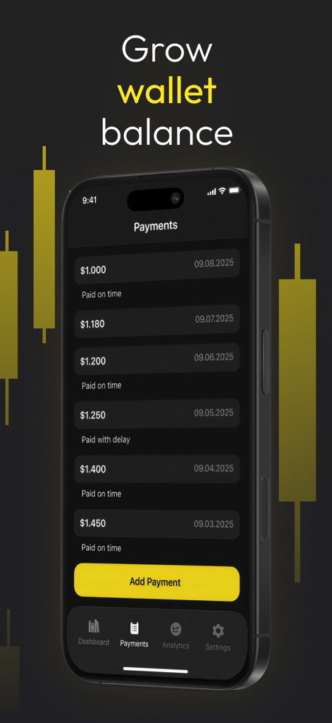 Ехnеss - RentPay - Mobile app screen showing a list of monthly rental payments with amounts and on-time status labels