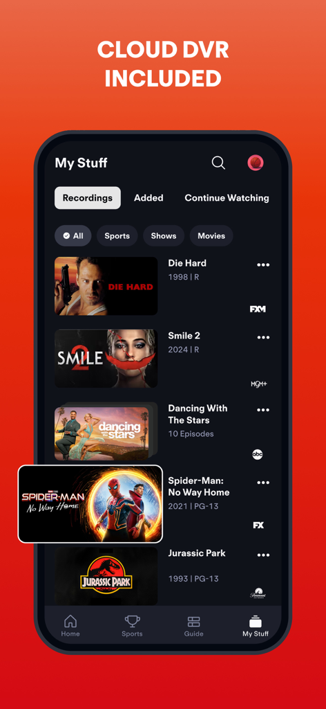FuboアプリのマイStuff画面に、映画やテレビ番組のクラウドDVR録画が表示されています。