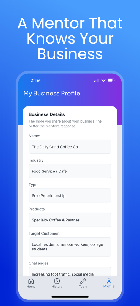 Un'interfaccia mobile che mostra la schermata del profilo aziendale dell'app Startup AI in cui un utente può inserire dettagli aziendali come settore e prodotti per una mentorship personalizzata.