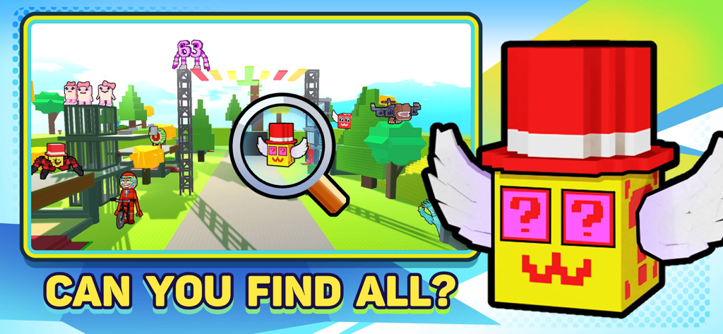 Find it: Brainrots Mod explore - Una lupa resaltando un personaje de bloques alado en un entorno 3D con el texto ¿Puedes Encontrarlos Todos