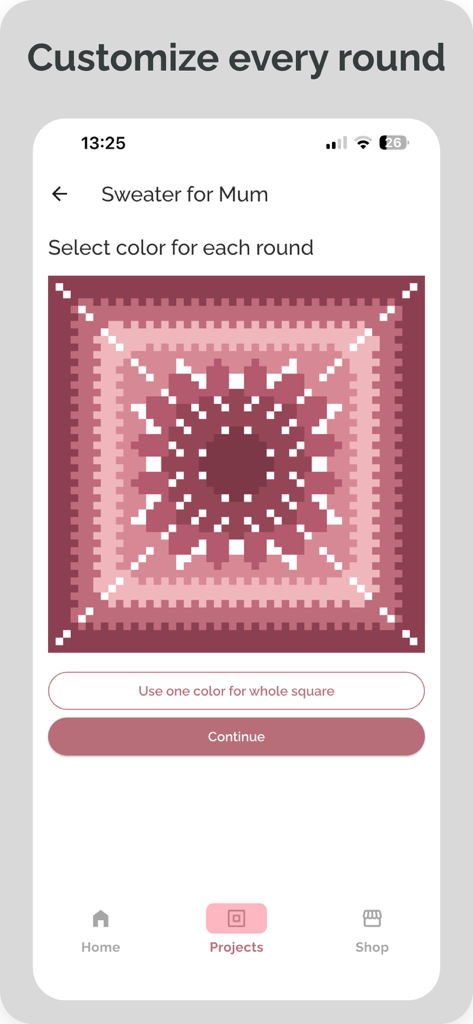 Mobile app screen showing a pink and burgundy crochet square design with options to customize the color of each round