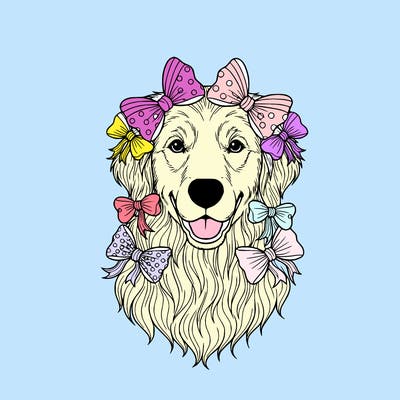 golden retriever with bows in his hair