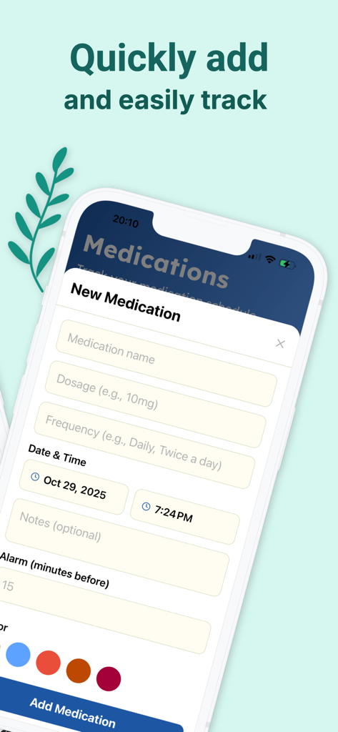 ADHD: Planner & Lifehacks - カスタムリマインダーで薬を追加して追跡するためのユーザーフレンドリーなフォームを示すモバイルアプリ画面