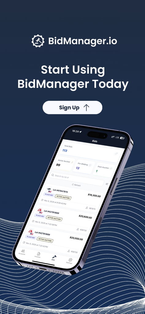 BidManager.io - Painel móvel do aplicativo BidManager.io mostrando lances ativos de leilão de veículos e detalhes do lote