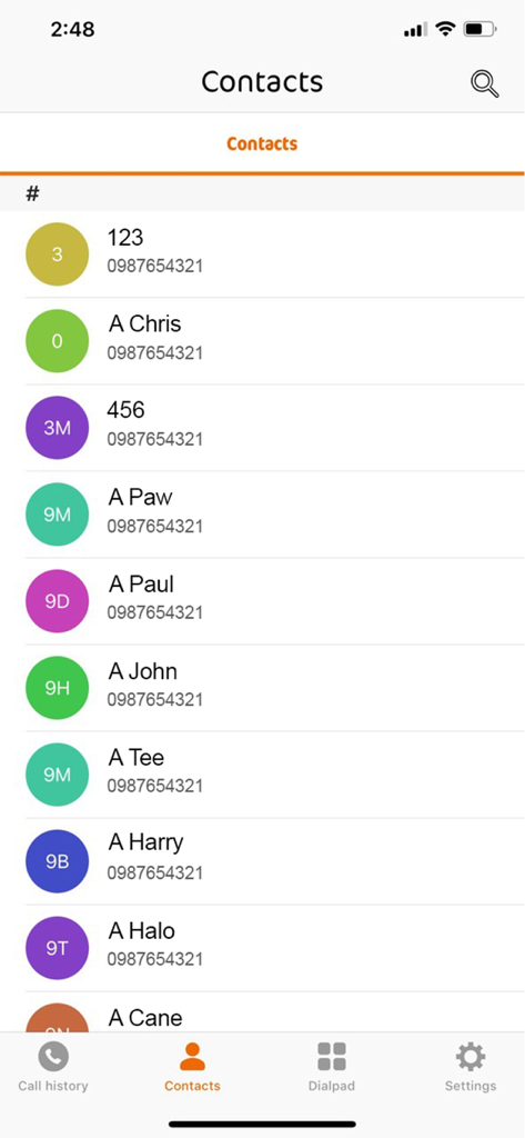 MyCall - Mytel - Screenshot of the contact list interface in the MyCall Mytel app showing business extensions and names