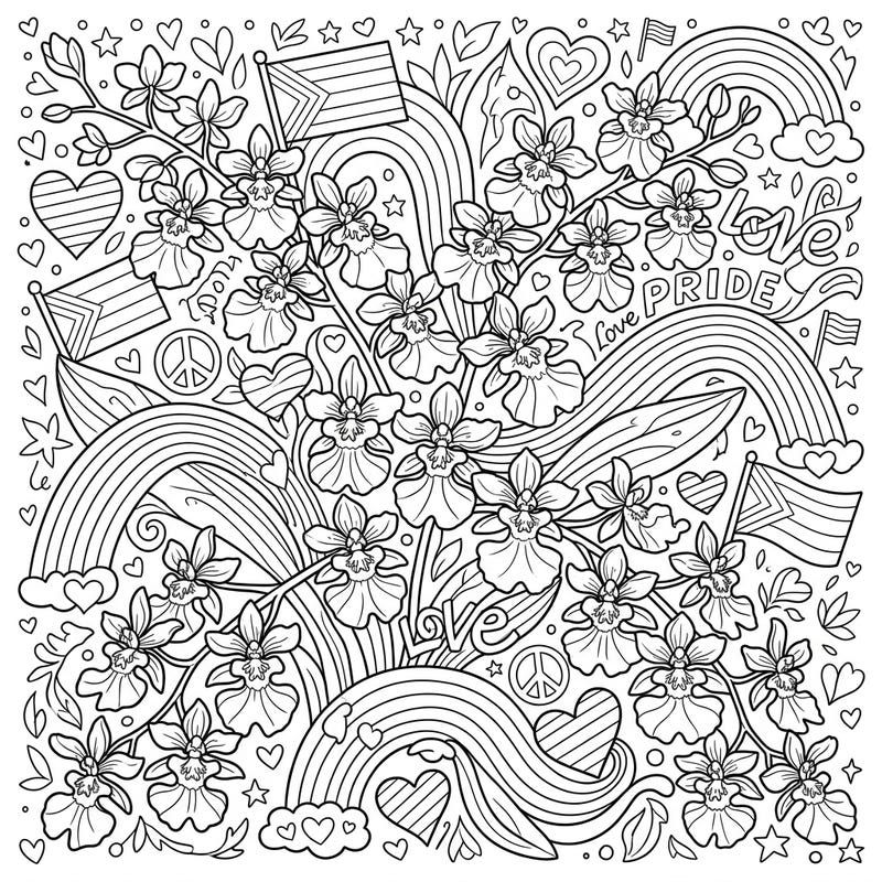 Immerse yourself in a beautiful fusion of nature and celebration with this intricate Oncidium Orchids coloring page, specially designed for Pride Month. Discover a world of delicate flowers, soaring rainbows, and symbols of love and diversity, perfect for adult and teen colorists.
