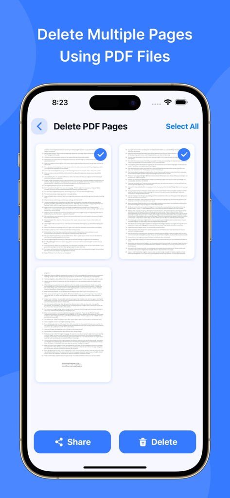 PDF Viewer: Easy PDF Viewer - Interface showing the feature to select and delete multiple pages from a PDF document