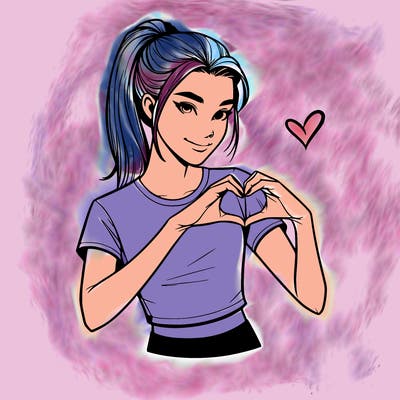 realistic girl with a ponytail and crop t-shirt doing 🫶🏻