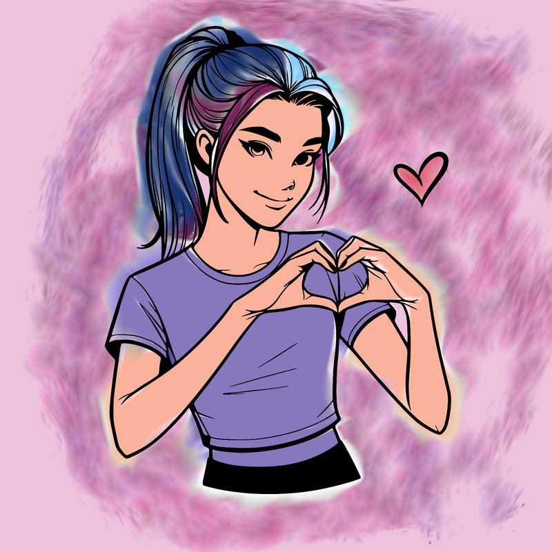 realistic girl with a ponytail and crop t-shirt doing 🫶🏻