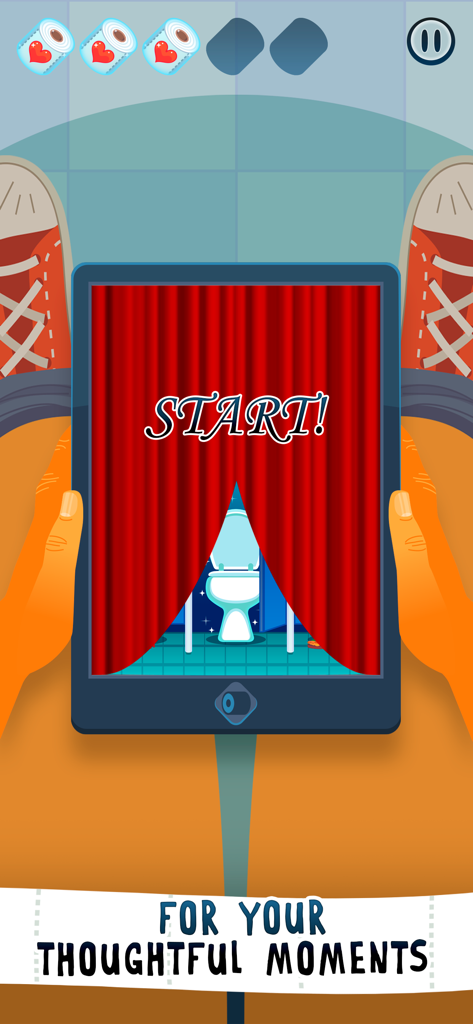 변기에 앉아 태블릿을 들고 있는 플레이어의 1인칭 시점으로, 화면에는 '시작'과 '사려 깊은 순간을 위해'라는 문구가 표시되어 있습니다.