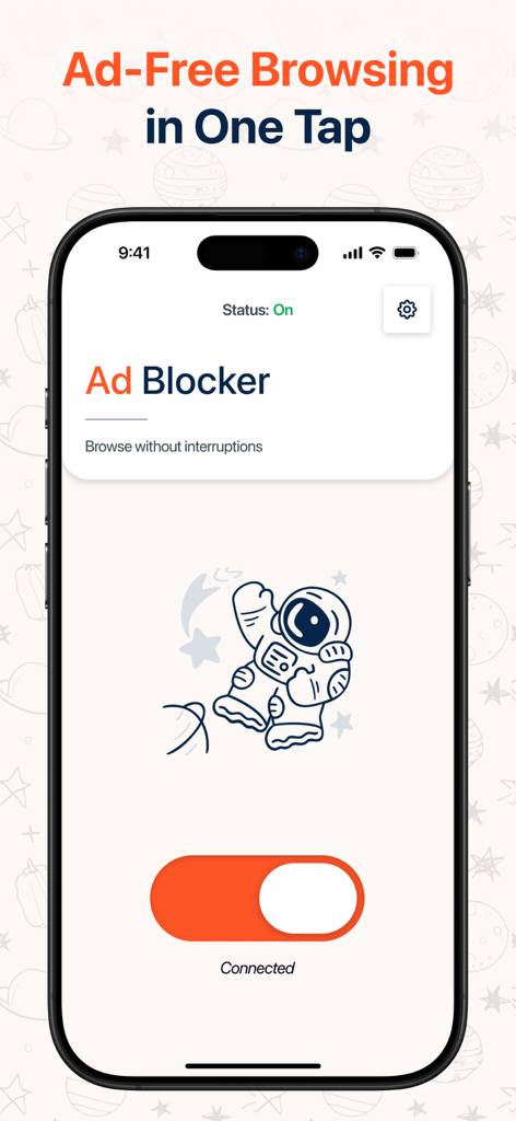 Adslocker - Spam & AD Blocker - Adslocker mobile app interface showing ad blocking status as on and connected