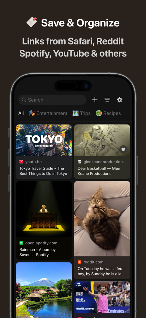 Interfaccia dell'app mobile Nutbox che mostra una griglia di link e contenuti multimediali salvati su un iPhone