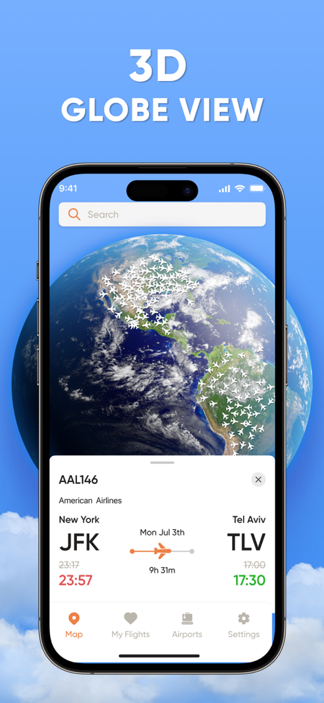 Smartphone screen displaying a 3D globe with live airplane traffic and flight details from JFK to Tel Aviv