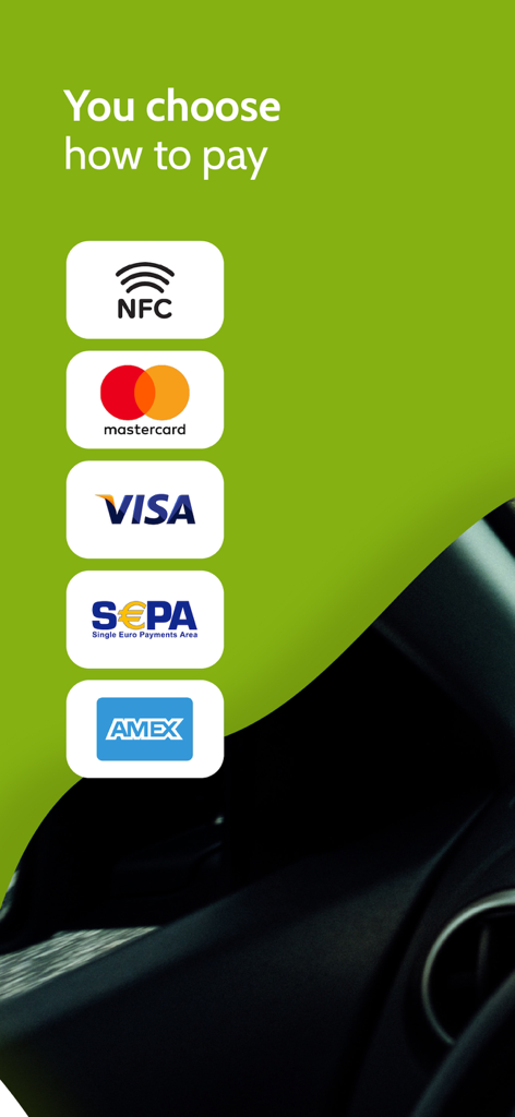 Smoov - Interface of the Smoov app displaying various payment methods including NFC, Mastercard, Visa, SEPA, and Amex for electric vehicle charging.
