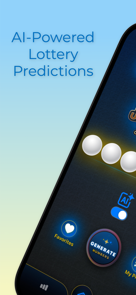 JackpotAI: Lottery Predictor - JackpotAI app screen displaying AI-powered lottery prediction features and generate numbers button