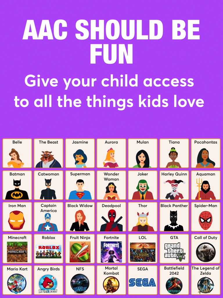 Fluent AAC: Communication App - A communication board grid featuring popular superheroes, Disney characters, and video games to make learning AAC fun for children.