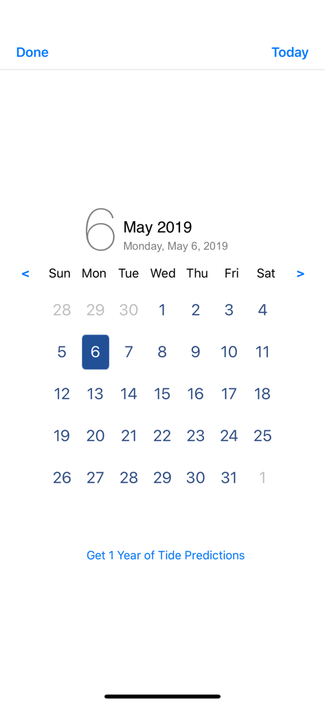 Tide Graph app calendar view for selecting specific dates for tide predictions