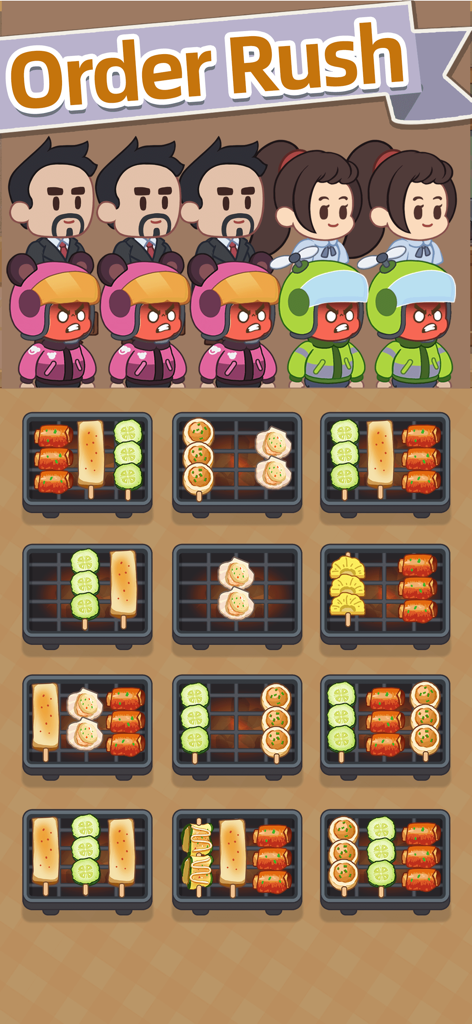 Skewer Time - Skewer Time mobile game screenshot showing the Order Rush mode with customers and grills
