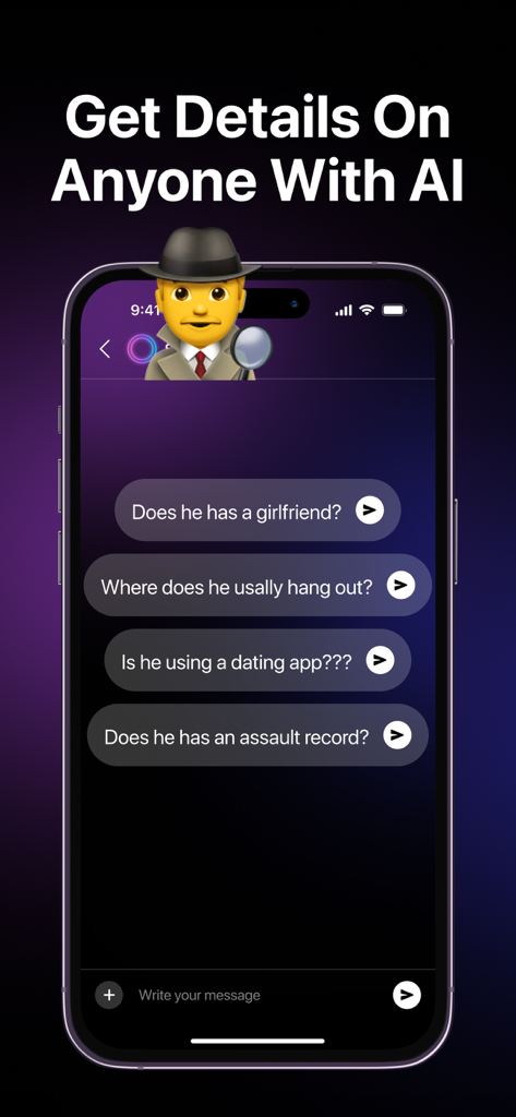 DeepSearch: Social AI Search - DeepSearch app interface showing AI chat queries for people discovery and safety verification