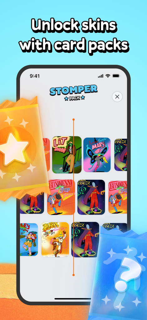 Stompers app screen showing unlockable character skins and digital card packs