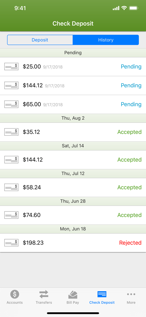 Check deposit history screen in the OurFirstFed Mobile Banking app showing transaction status