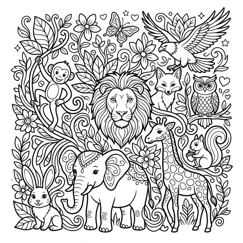 Embark on an epic coloring journey through a vibrant animal kingdom, where majestic beasts and charming creatures await your artistic touch. This intricately designed page offers a delightful escape into the wild, perfect for all ages to enjoy.