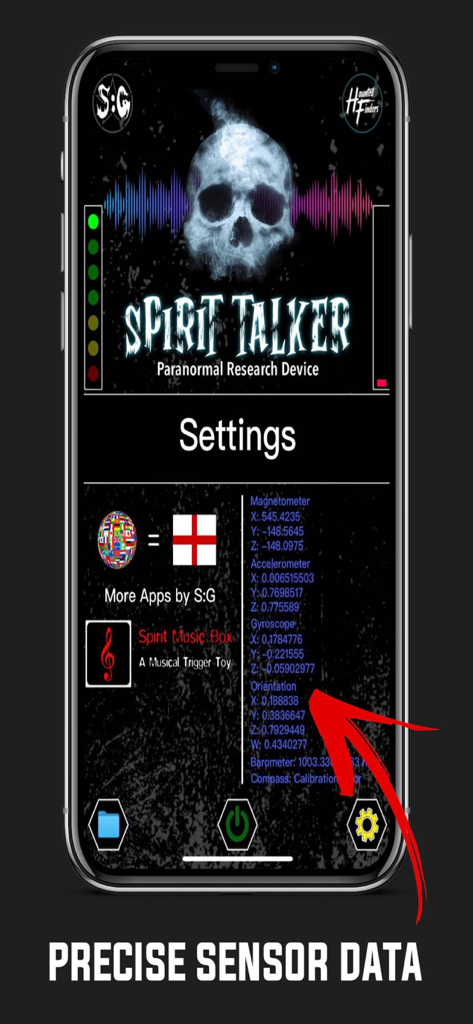 Screenshot of the Spirit Talker app displaying real-time sensor data including magnetometer and accelerometer for paranormal investigations